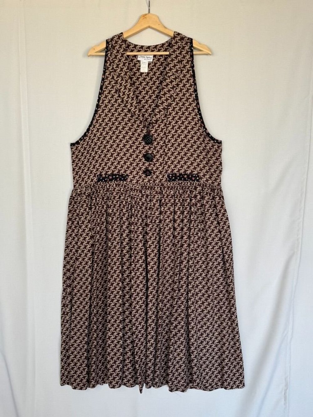 90s Vintage Lolita West Brown Multi Print Drop Waist Pinafore Midi Dress Large